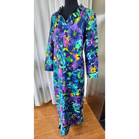 Vintage 70s dress, blue, teal, purple, yellow floral print, funky maxi, ruffled - Picture 3 of 10